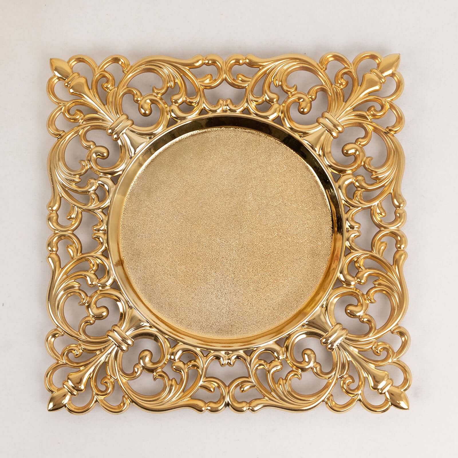 6-Pack Acrylic Charger Plates 12" Square Gold with Hollow Lace Border - Event Tabletop Decorative Charger Tableware